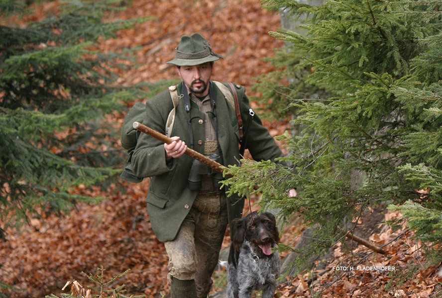 Jäger mit Hund im Wald